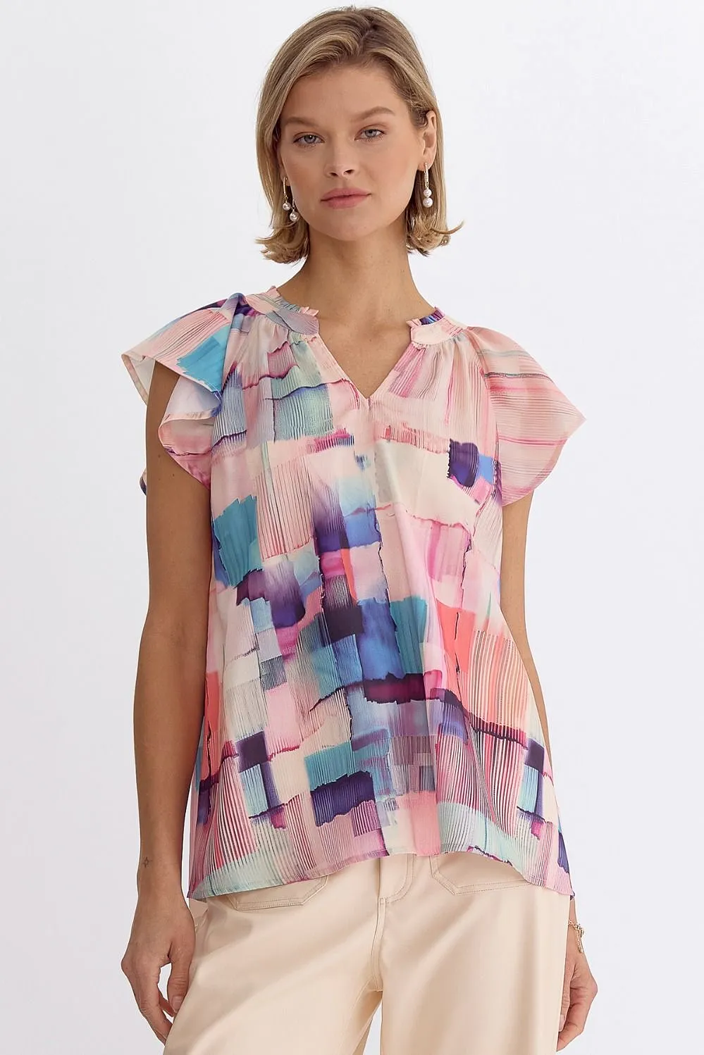 Abstract Print Flutter Sleeve V-Neck Top