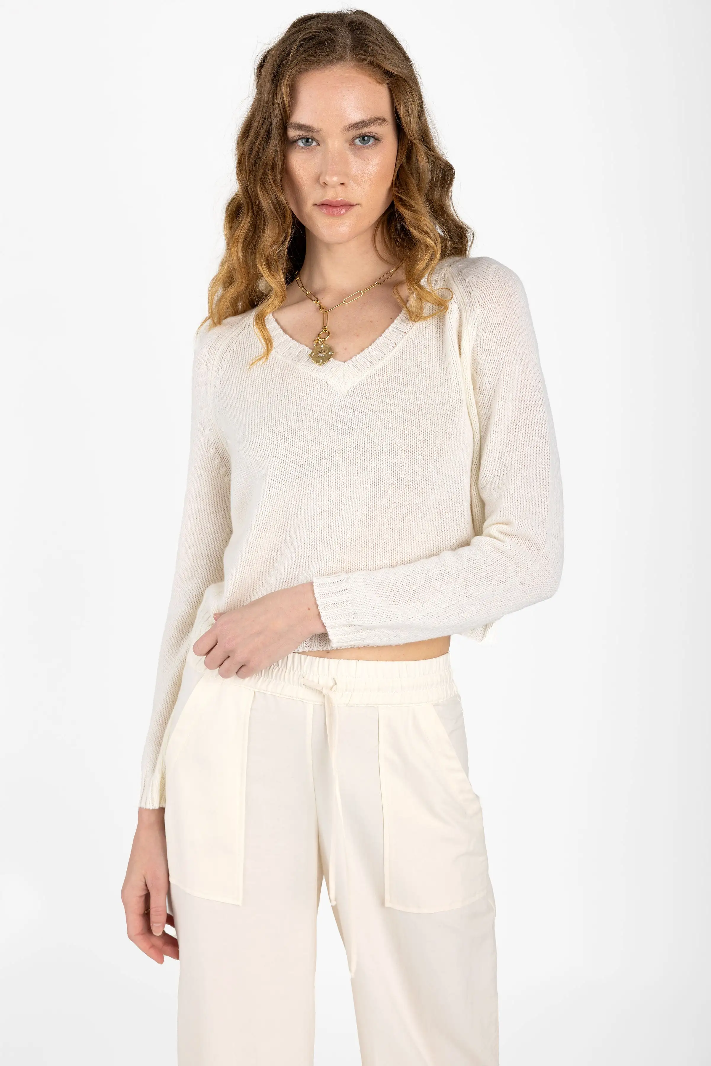 Airy Summer Cashmere V-Neck Top in White