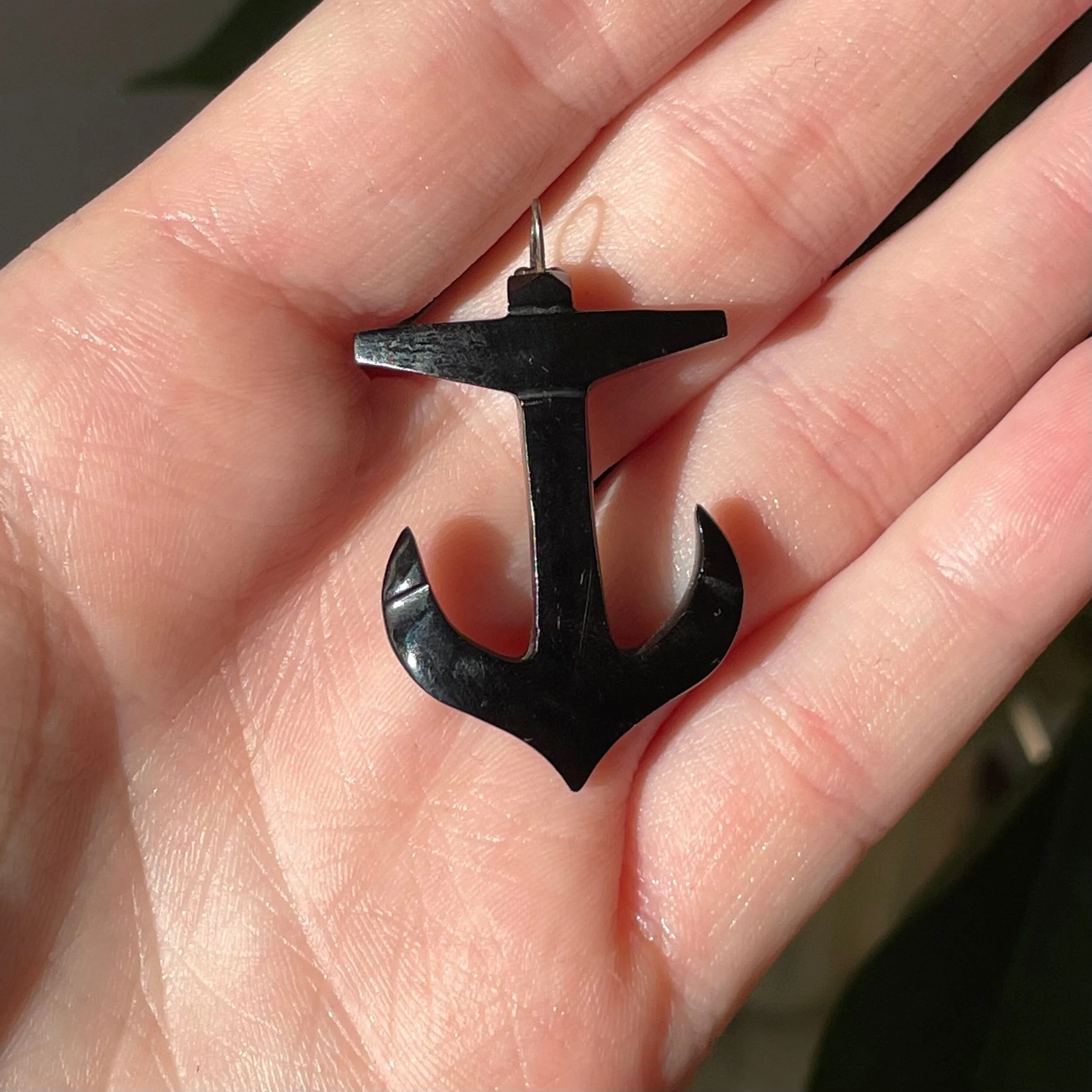 Antique Victorian Carved Whitby Jet Anchor Pendant