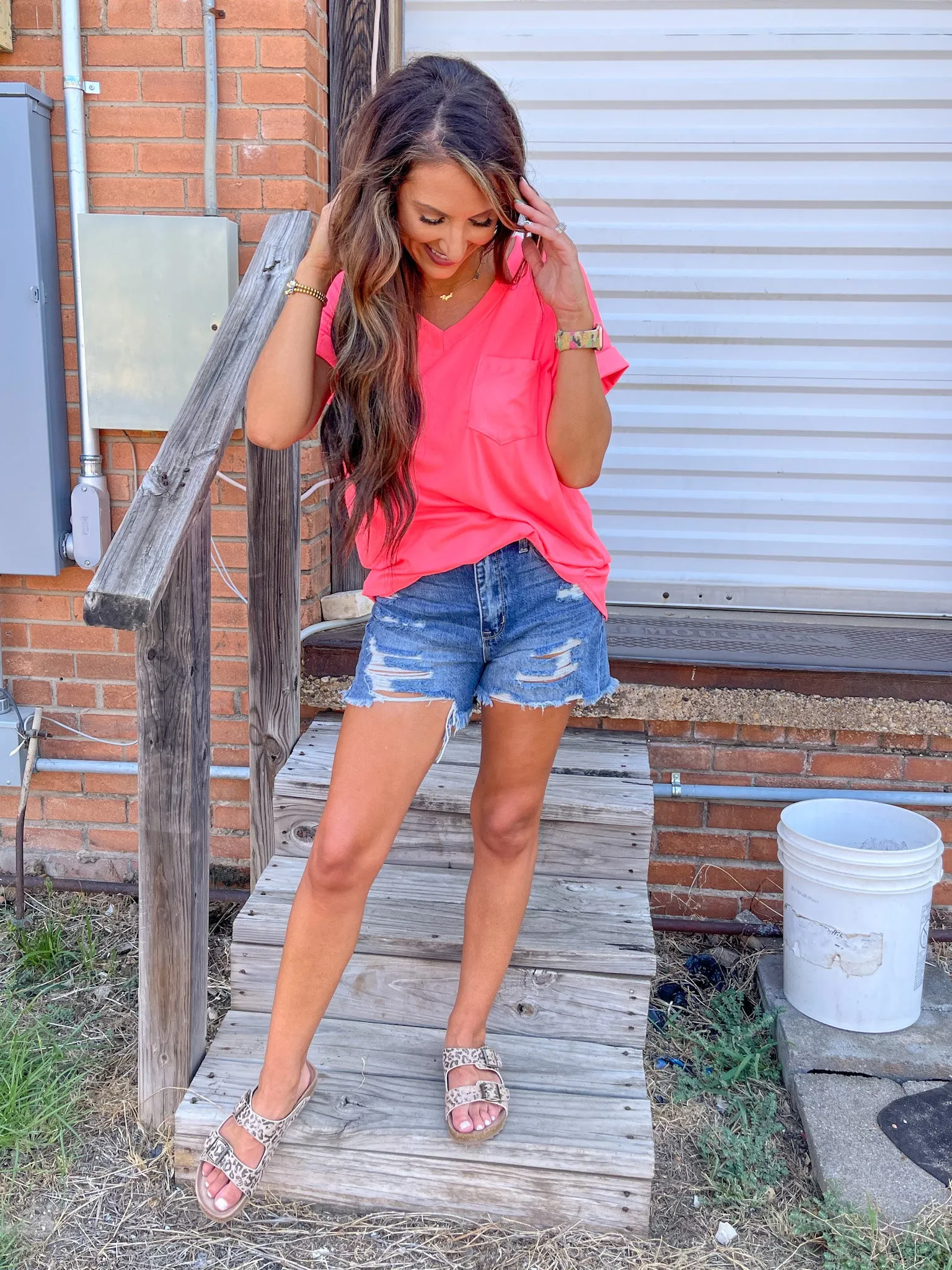 Basic V Neck Top - Neon Pink