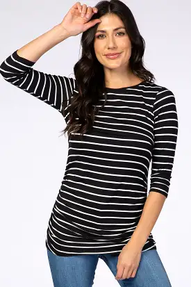 Black Striped 3/4 Sleeve Ruched Nursing Top