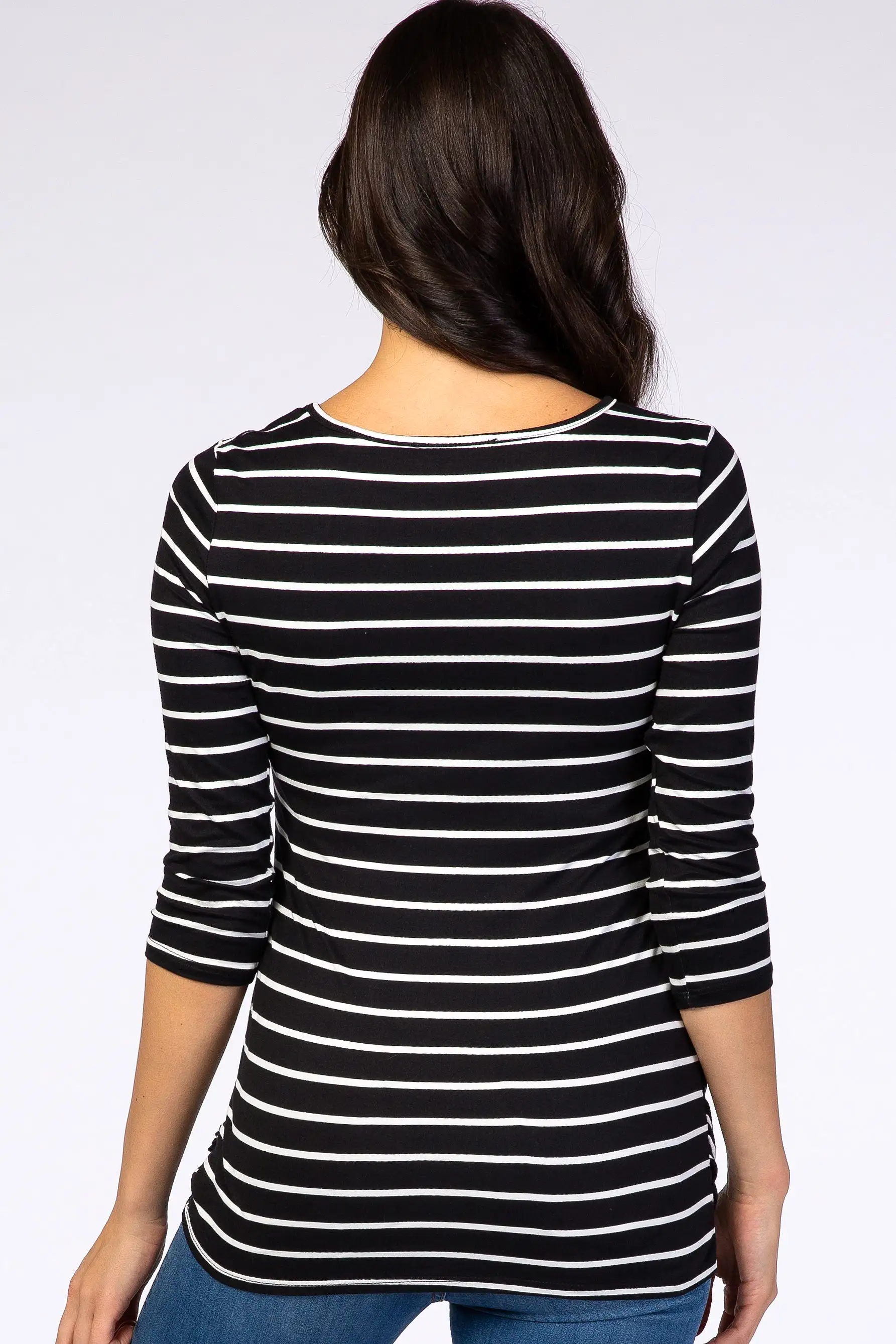 Black Striped 3/4 Sleeve Ruched Nursing Top