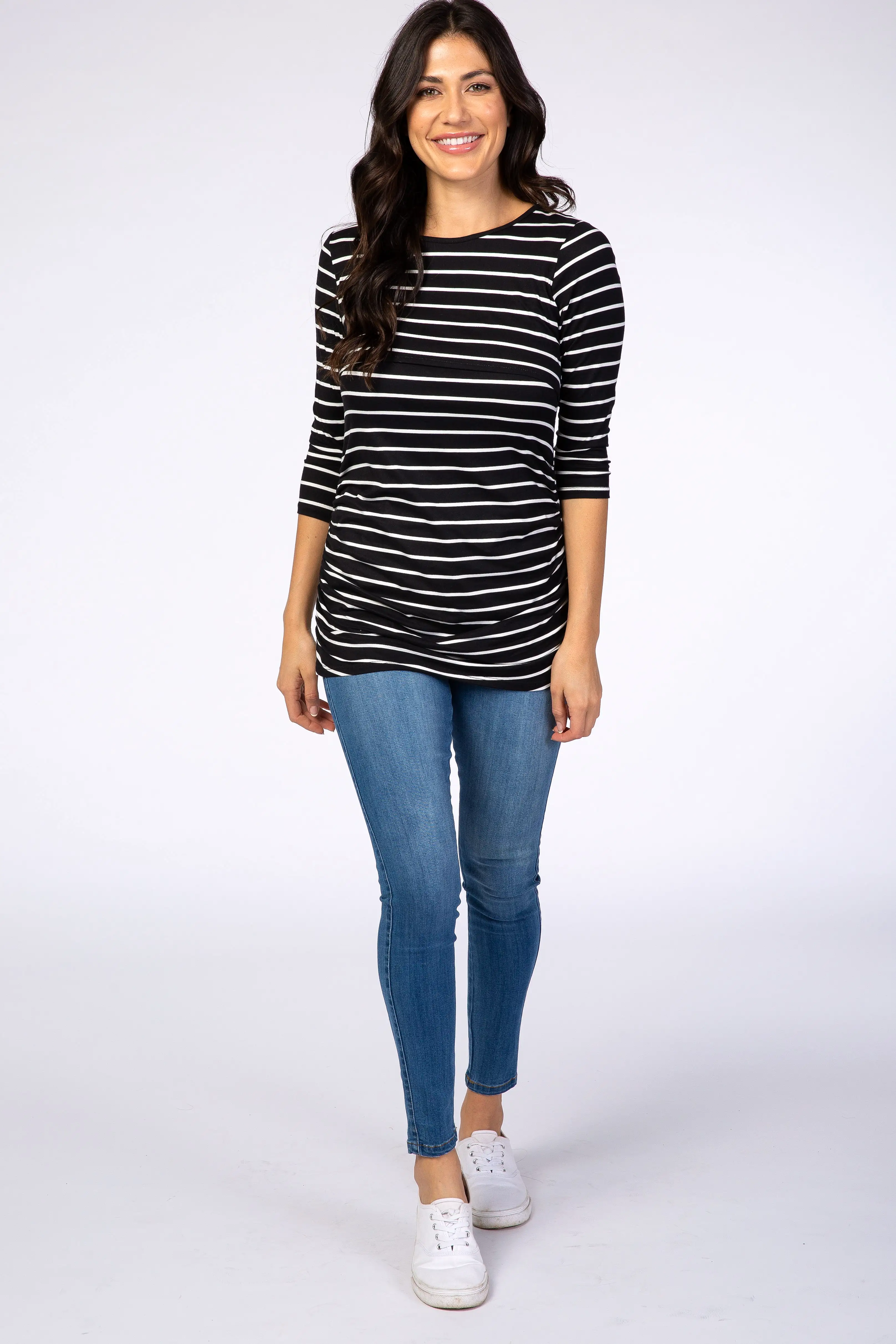 Black Striped 3/4 Sleeve Ruched Nursing Top