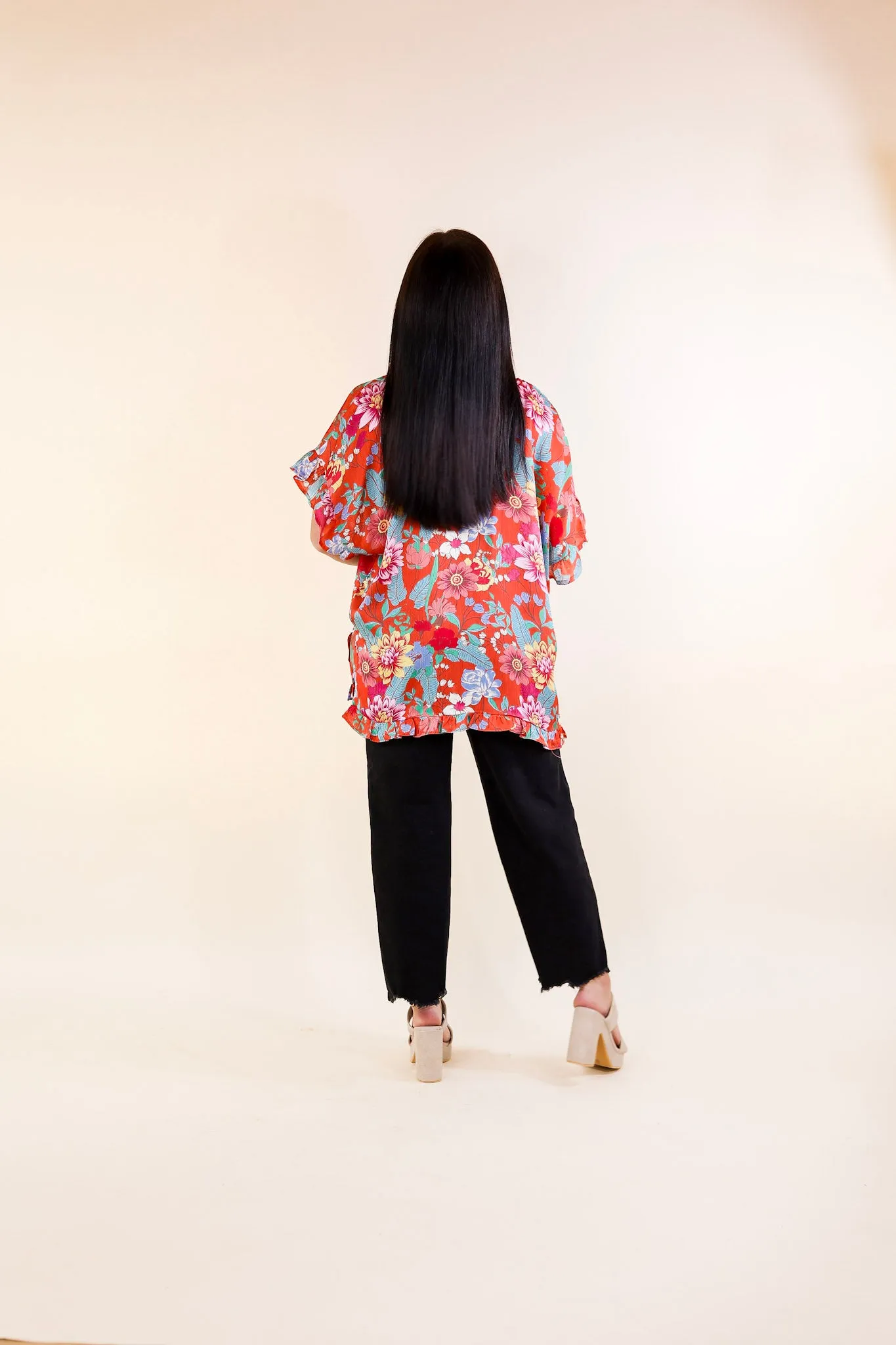 Blissful Mindset Floral V Neck Top with Short Ruffle Sleeves in Orange