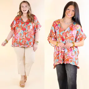 Blissful Mindset Floral V Neck Top with Short Ruffle Sleeves in Orange