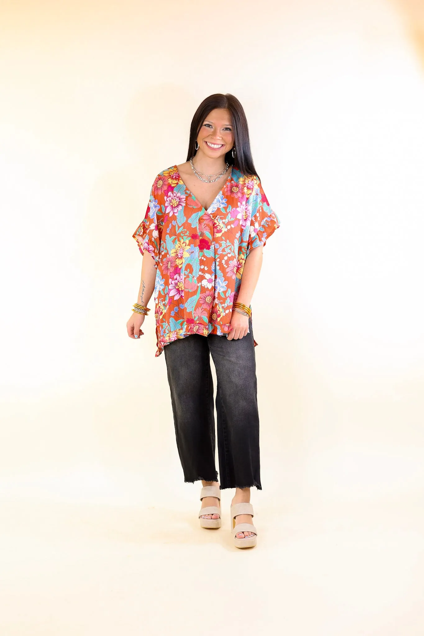 Blissful Mindset Floral V Neck Top with Short Ruffle Sleeves in Orange