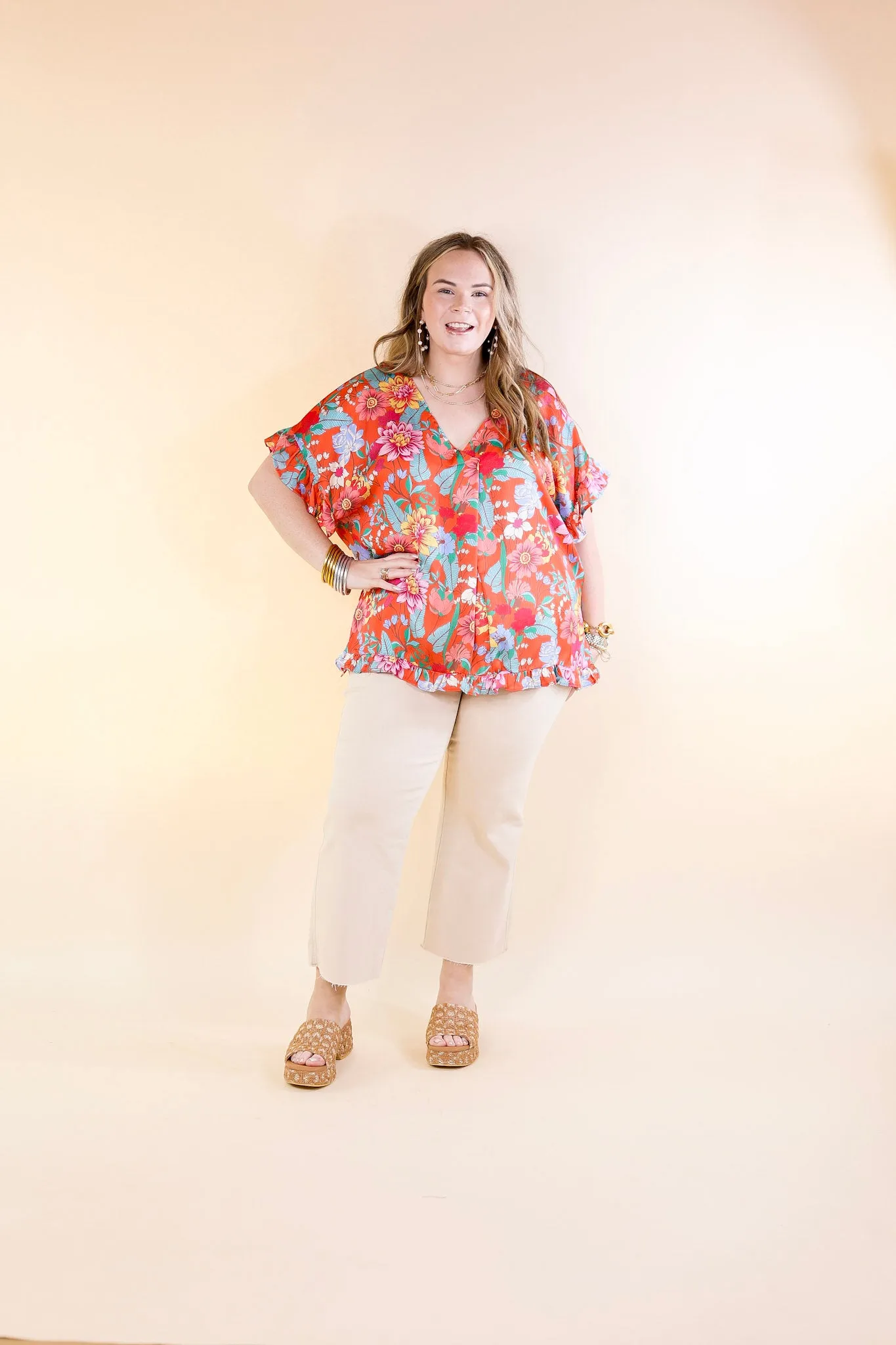 Blissful Mindset Floral V Neck Top with Short Ruffle Sleeves in Orange