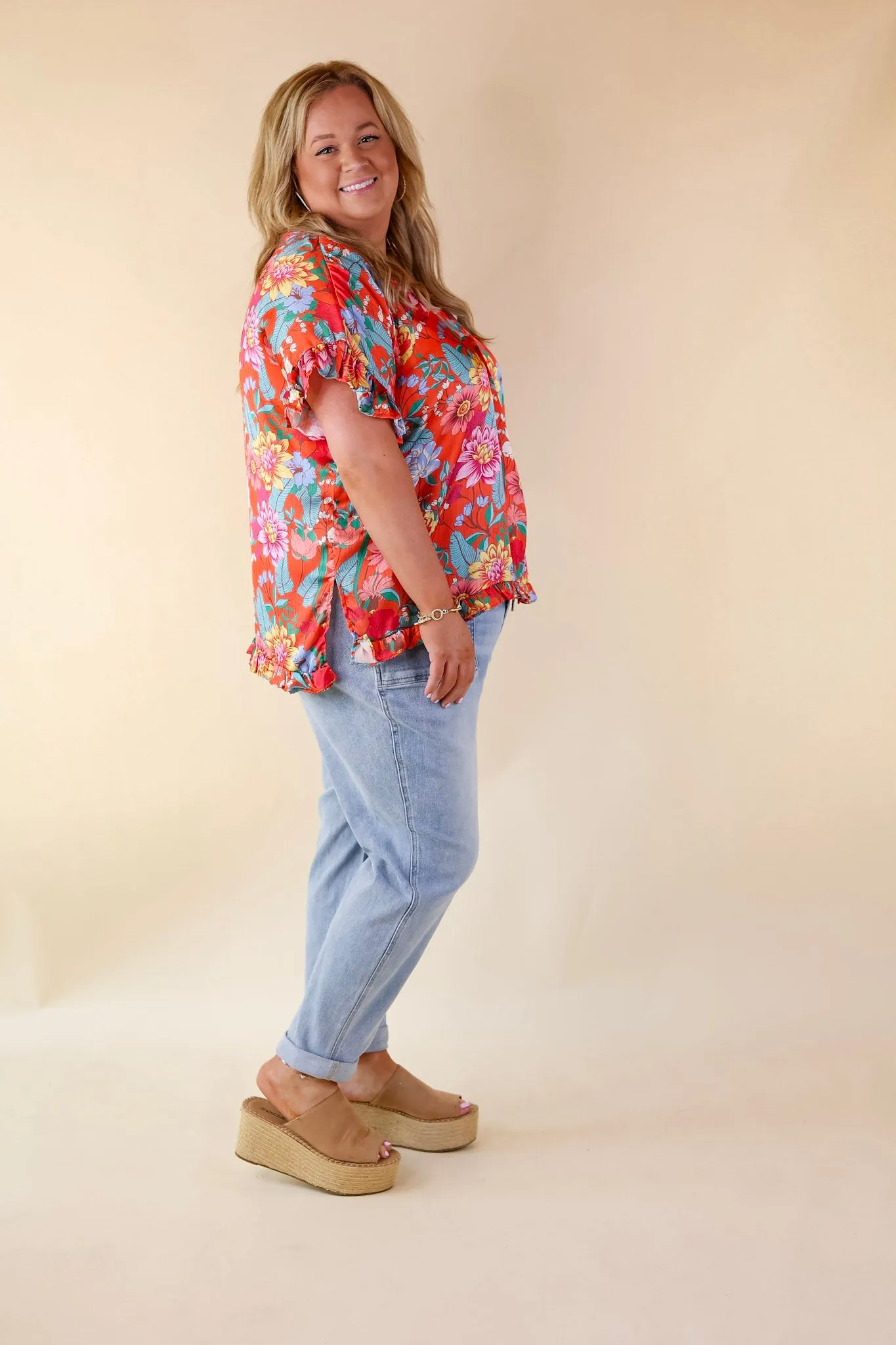 Blissful Mindset Floral V Neck Top with Short Ruffle Sleeves in Orange