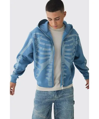 boohoo Mens Oversized Boxy Diamante Skeleton Zip Through Hoodie