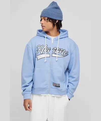 boohoo Mens Oversized Boxy Homme Embroidered Varsity Zip Through Hoodie