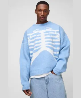 boohooMAN Mens Oversized Boxy Brushed Skeleton Graphic Knitted Sweater