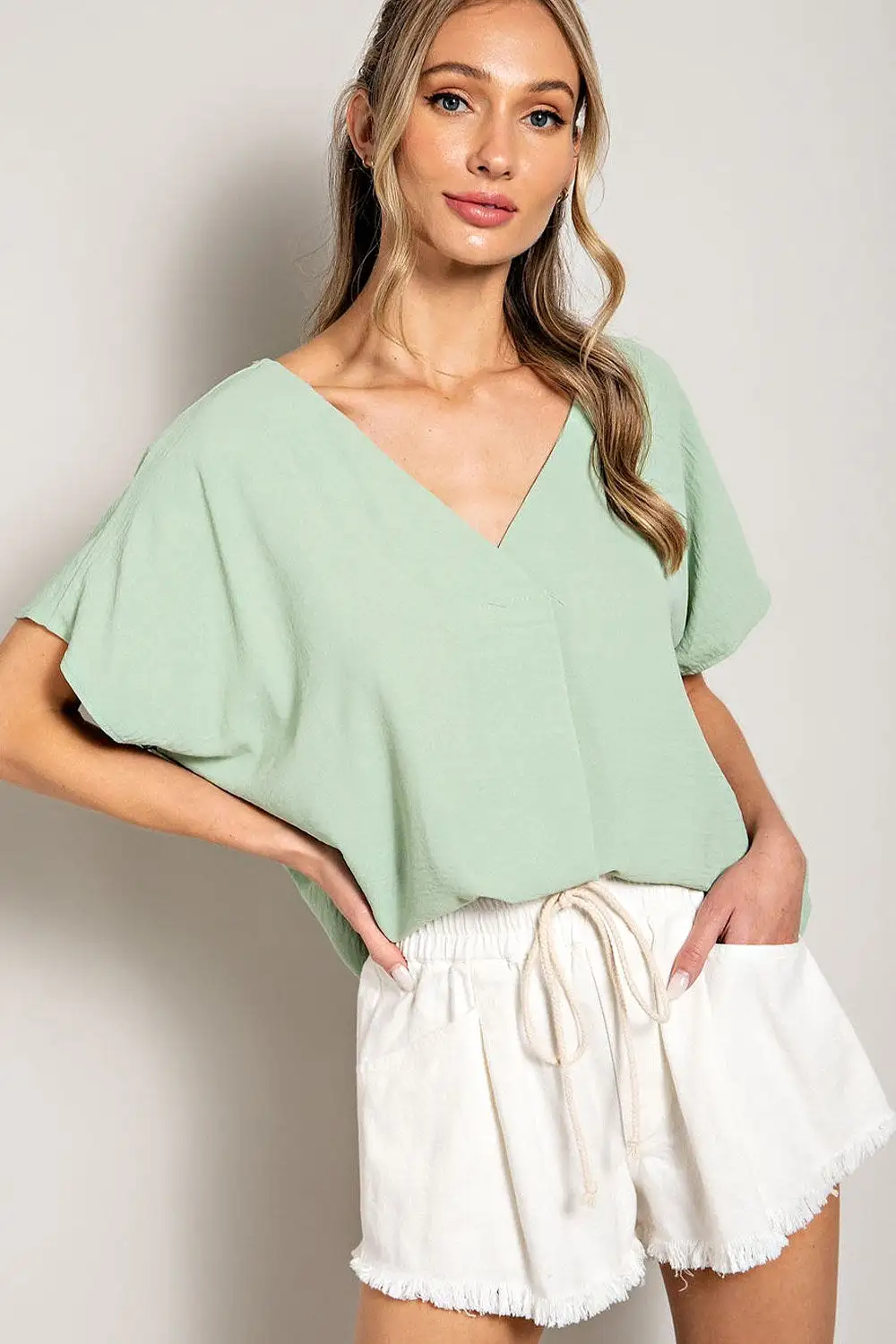 Breezy Short Sleeve Deep V-Neck Blouse