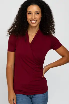 Burgundy Solid Short Sleeve Wrap Front Nursing Top