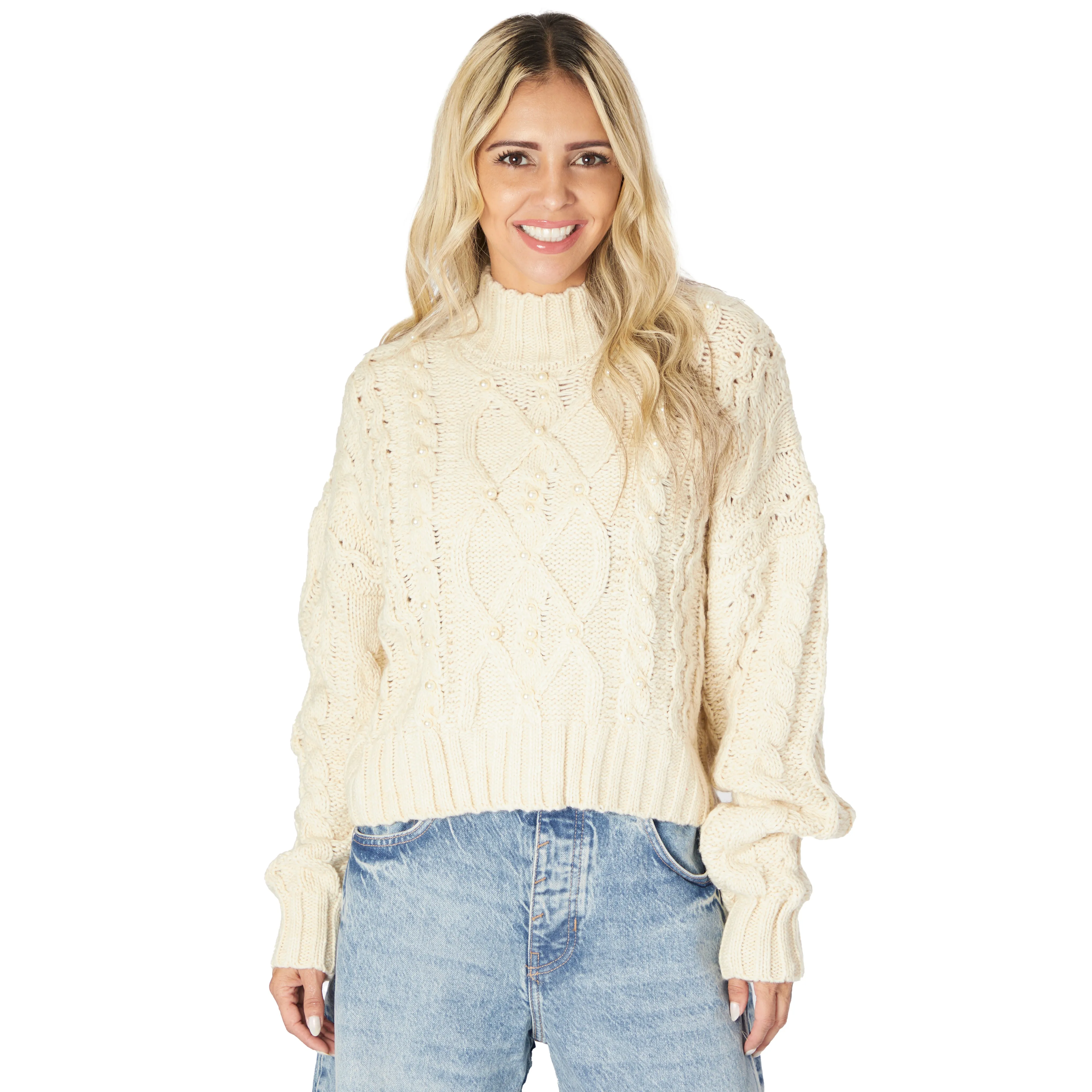 Cableknit Pearl Mock Sweater