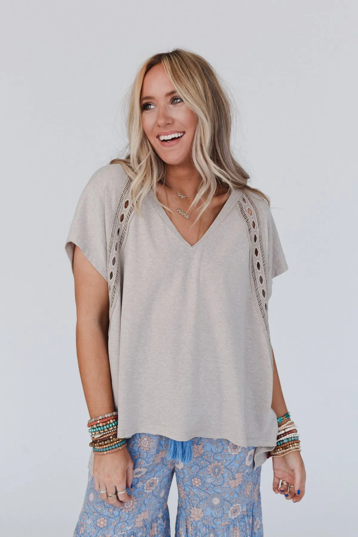 Camden Lace V Neck Top - Camel