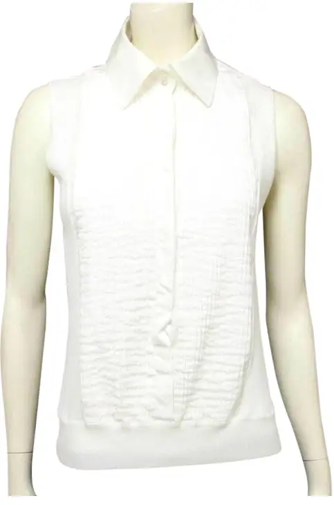 Chanel 05P, 2005 Spring White Cotton Top Blouse Pleated Front FR 42