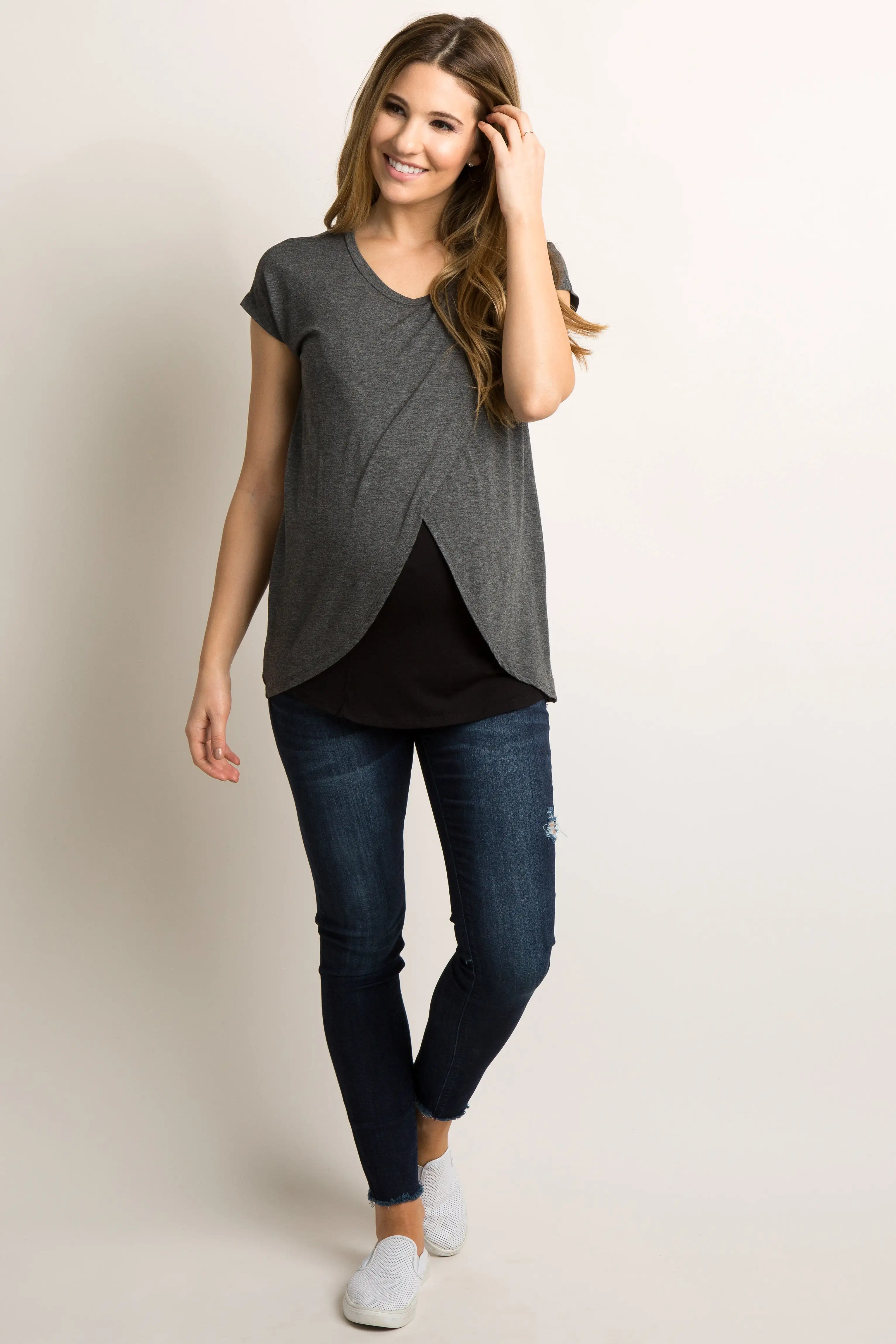 Charcoal Grey Layered Wrap Front Maternity/Nursing Top