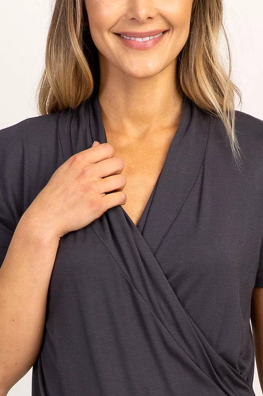 Charcoal Solid Short Sleeve Wrap Front Nursing Top