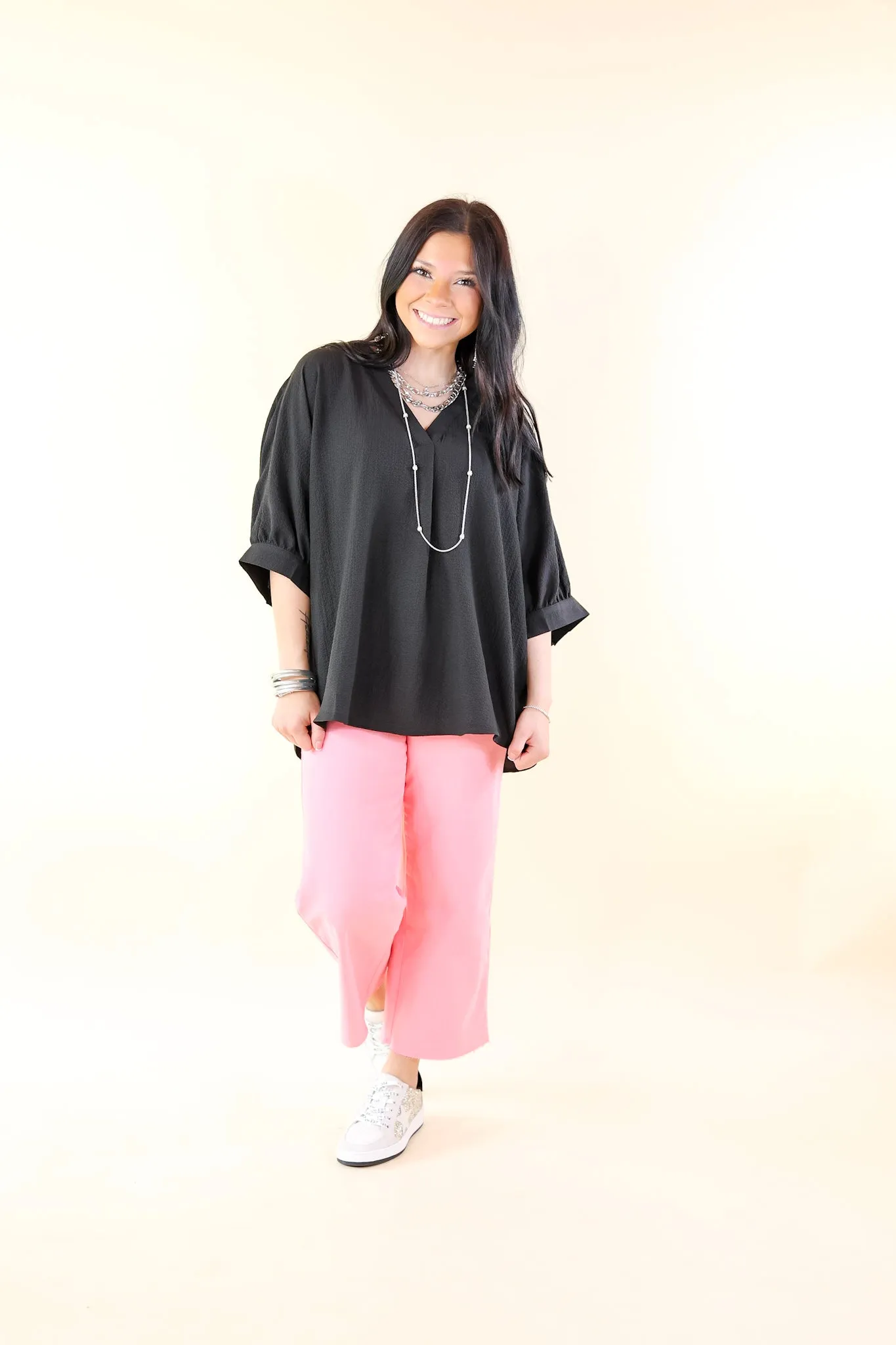 Chic and Charming V Neck Top with 3/4 Sleeves in Black