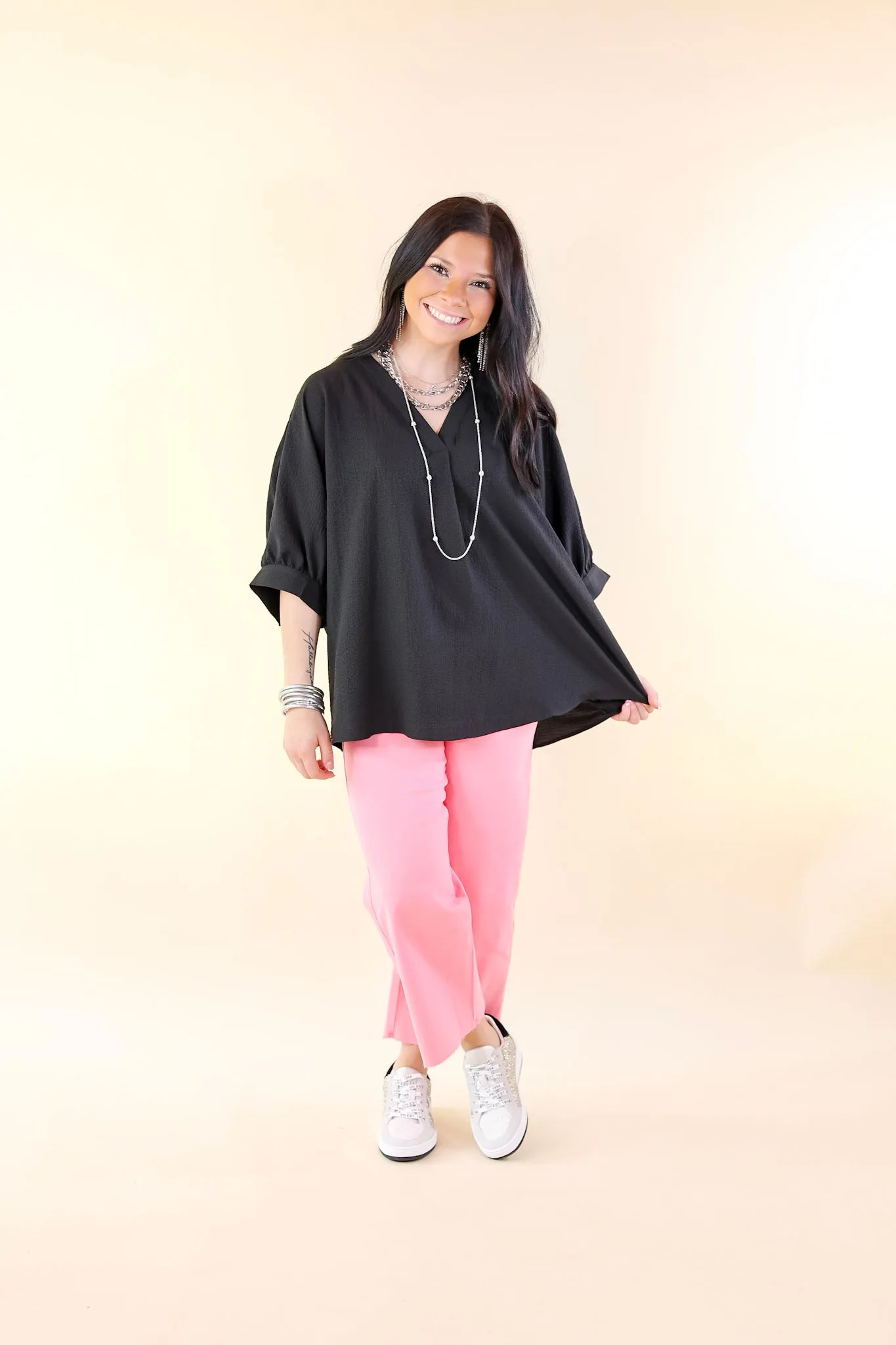 Chic and Charming V Neck Top with 3/4 Sleeves in Black