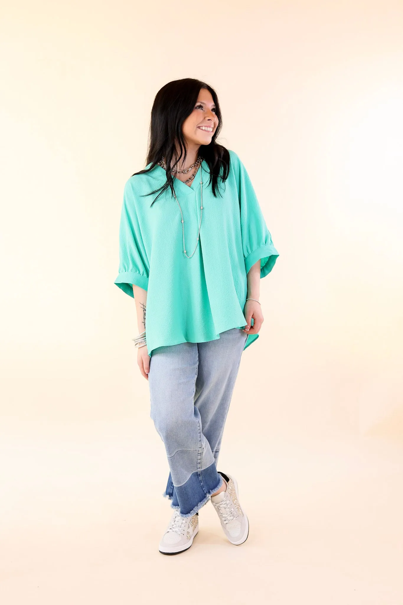 Chic and Charming V Neck Top with 3/4 Sleeves in Emerald Green