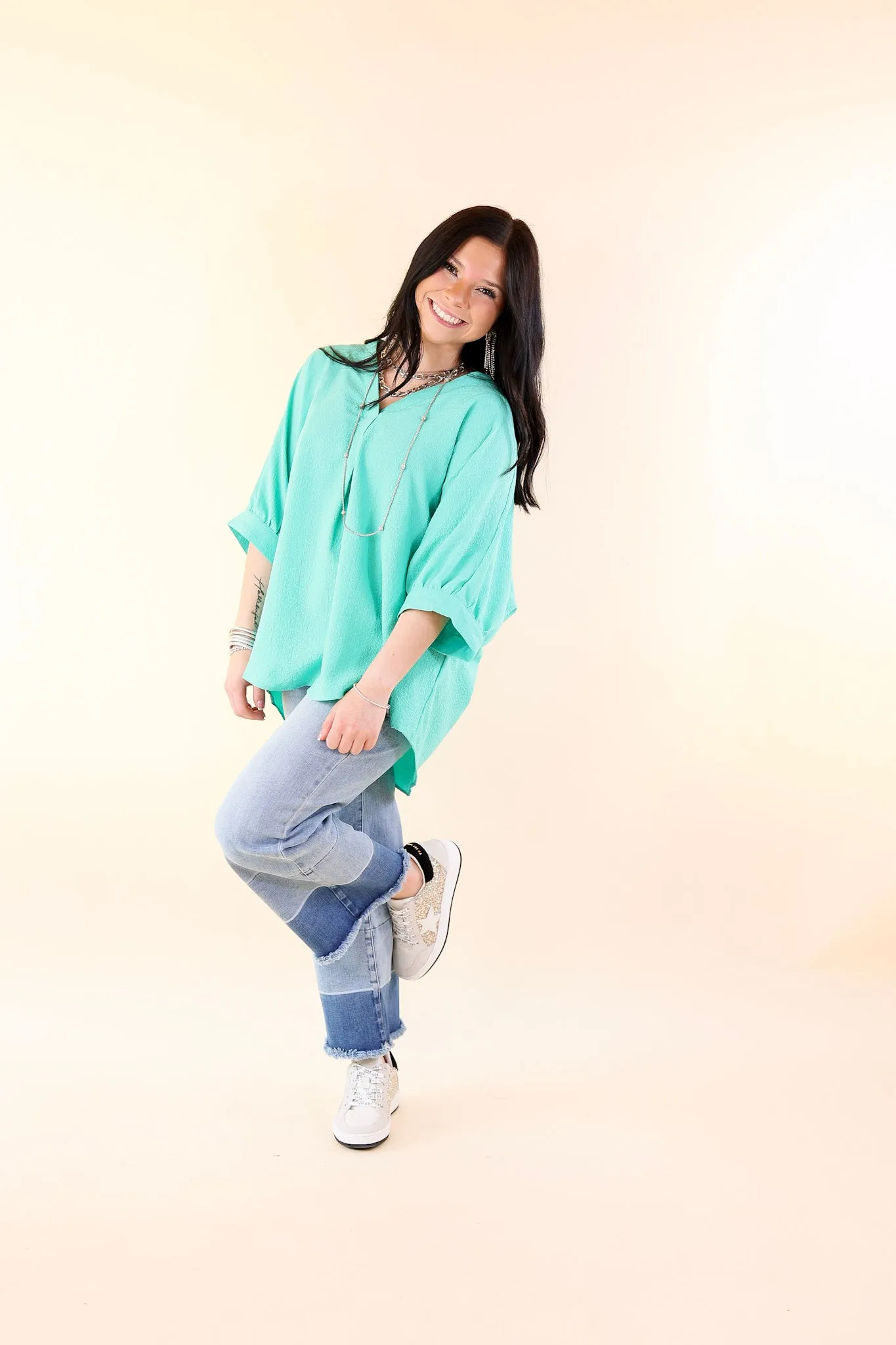 Chic and Charming V Neck Top with 3/4 Sleeves in Emerald Green