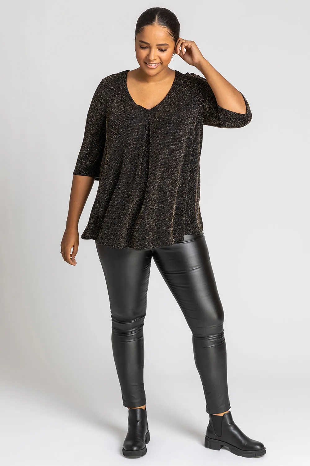 Curve Sparkle V-Neck Top in Gold - Roman Originals UK