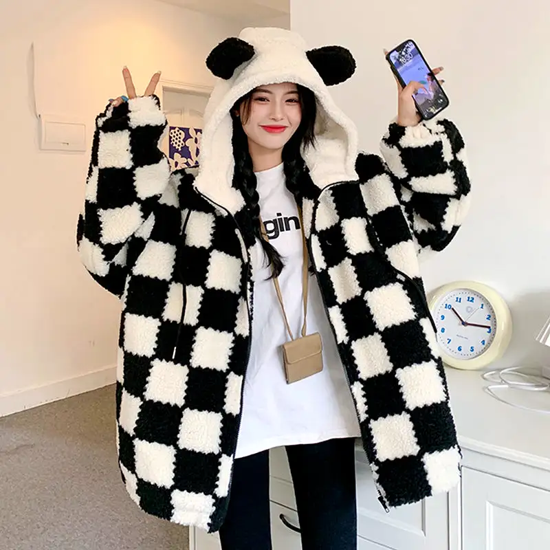 Cute Grid Plush Coat