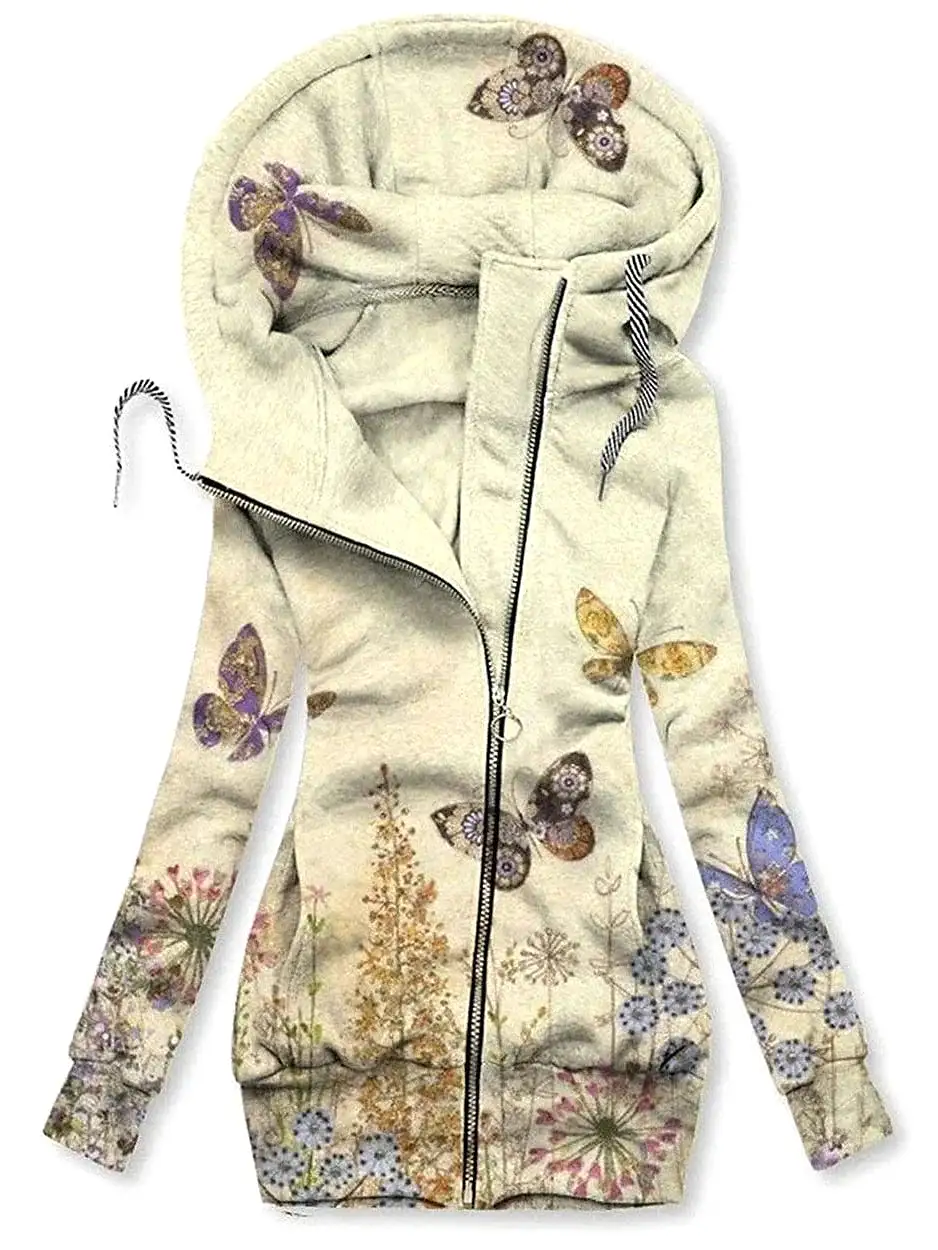 Floral Butterfly Zip Up Hoodie for Women