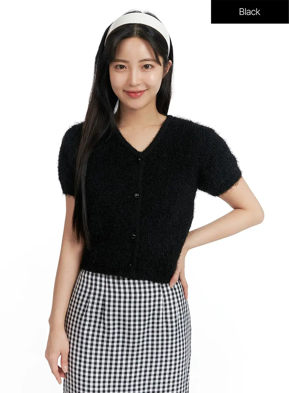 Fuzzy V-Neck Button Short Sleeve Sweater OF416