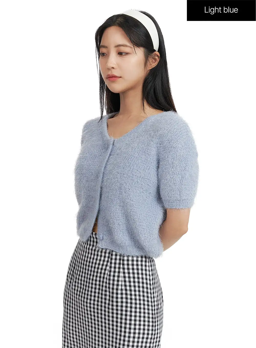 Fuzzy V-Neck Button Short Sleeve Sweater OF416