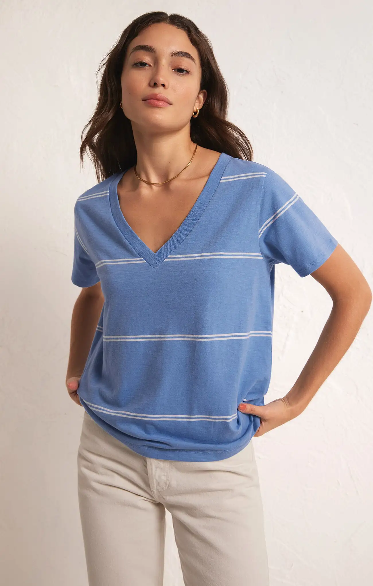 Girlfriend Twin Stripe V-Neck Top