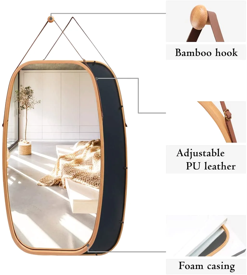 Hanging Full Length Wall Mirror - Solid Bamboo Frame and Adjustable Leather Strap for Bathroom and Bedroom