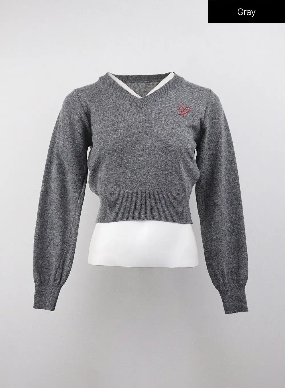 Heart Embroidered V-Neck Crop Sweater OJ416