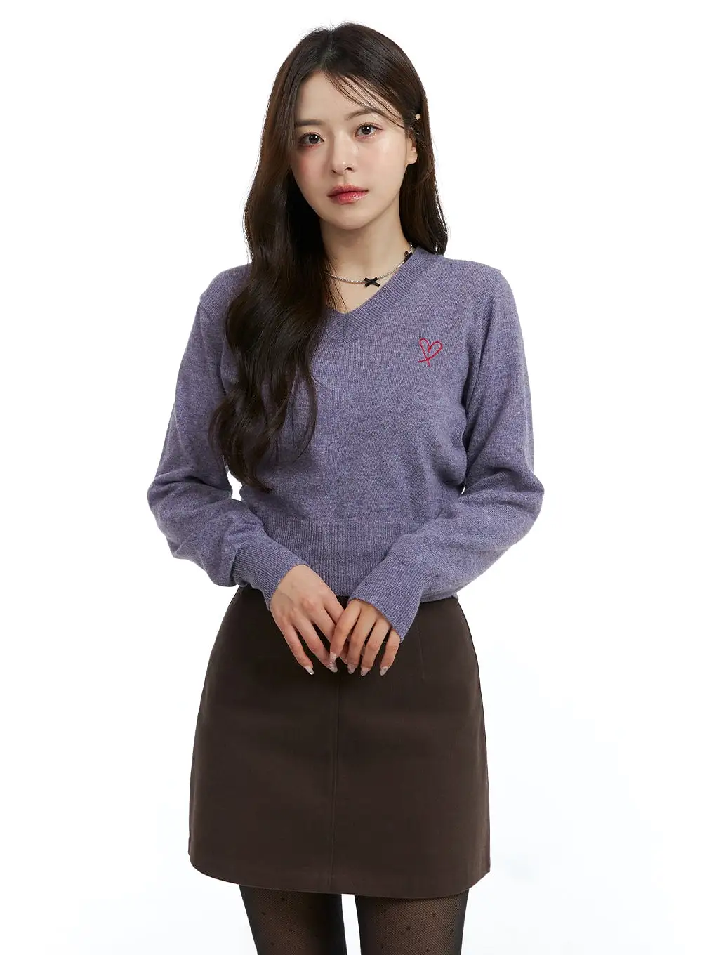 Heart Embroidered V-Neck Crop Sweater OJ416