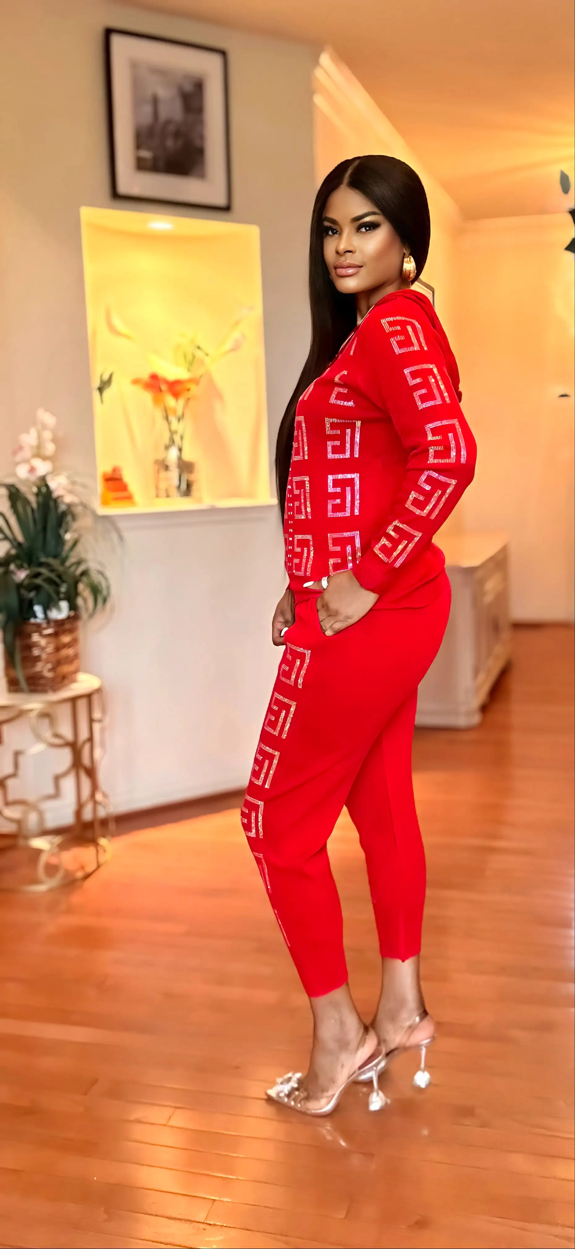 HOODIE RHINESTONE JOGGER KNIT SET(RED)