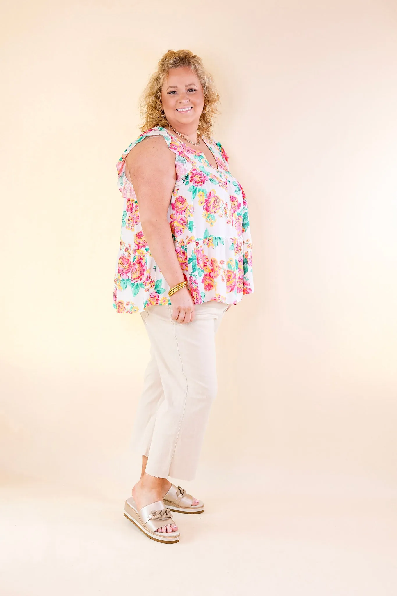 Inspiring Sights Floral V Neck Top with Ruffle Cap Sleeves in White