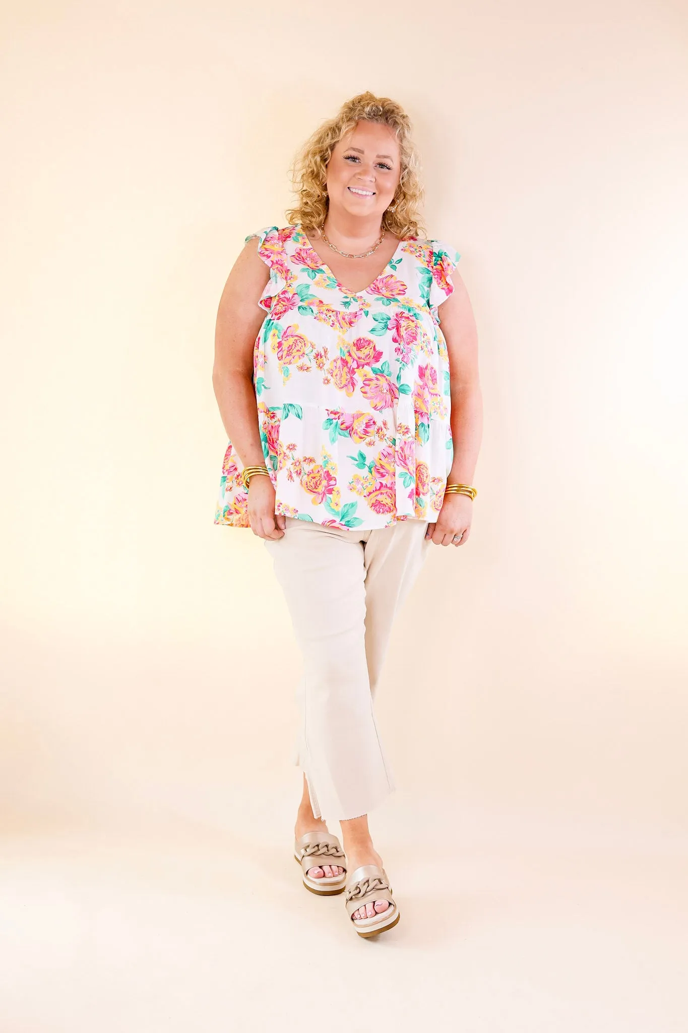 Inspiring Sights Floral V Neck Top with Ruffle Cap Sleeves in White