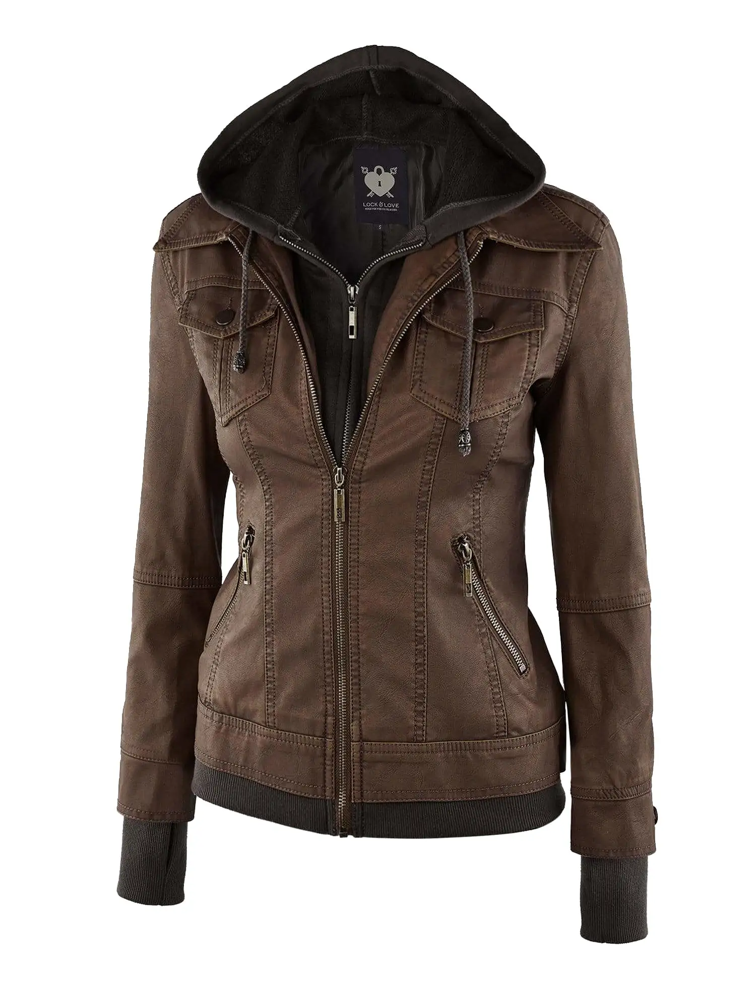 Made By Johnny MBJ Womens Faux Leather Motorcycle Jacket with Hoodie