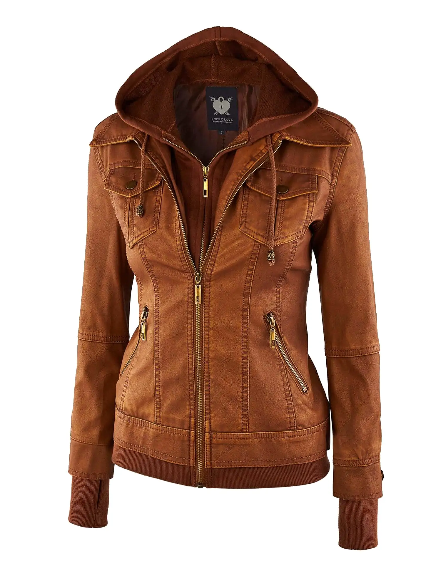 Made By Johnny MBJ Womens Faux Leather Motorcycle Jacket with Hoodie