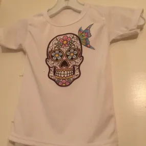 Maggie Devos-Wt. tee w/DOD skull w/butterfly-aqua- Size 2T