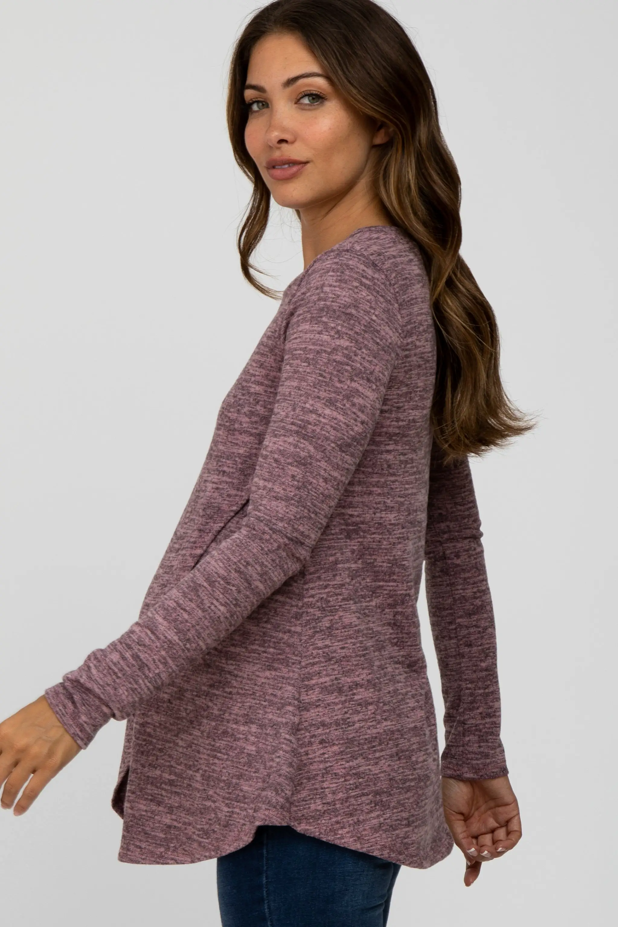 Mauve Heather Knit Layered Front Maternity/Nursing Top