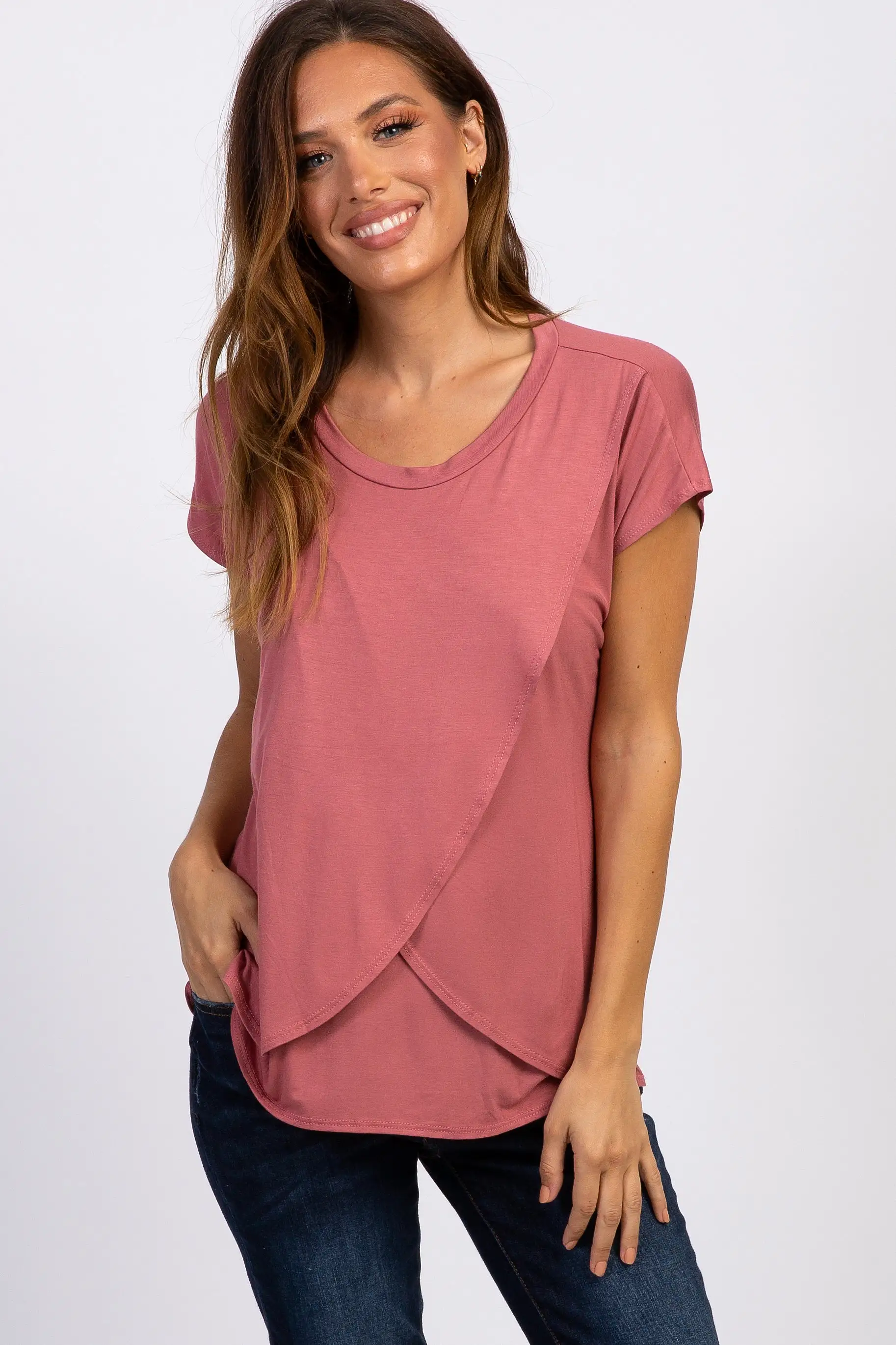 Mauve Layered Wrap Front Maternity Nursing Top