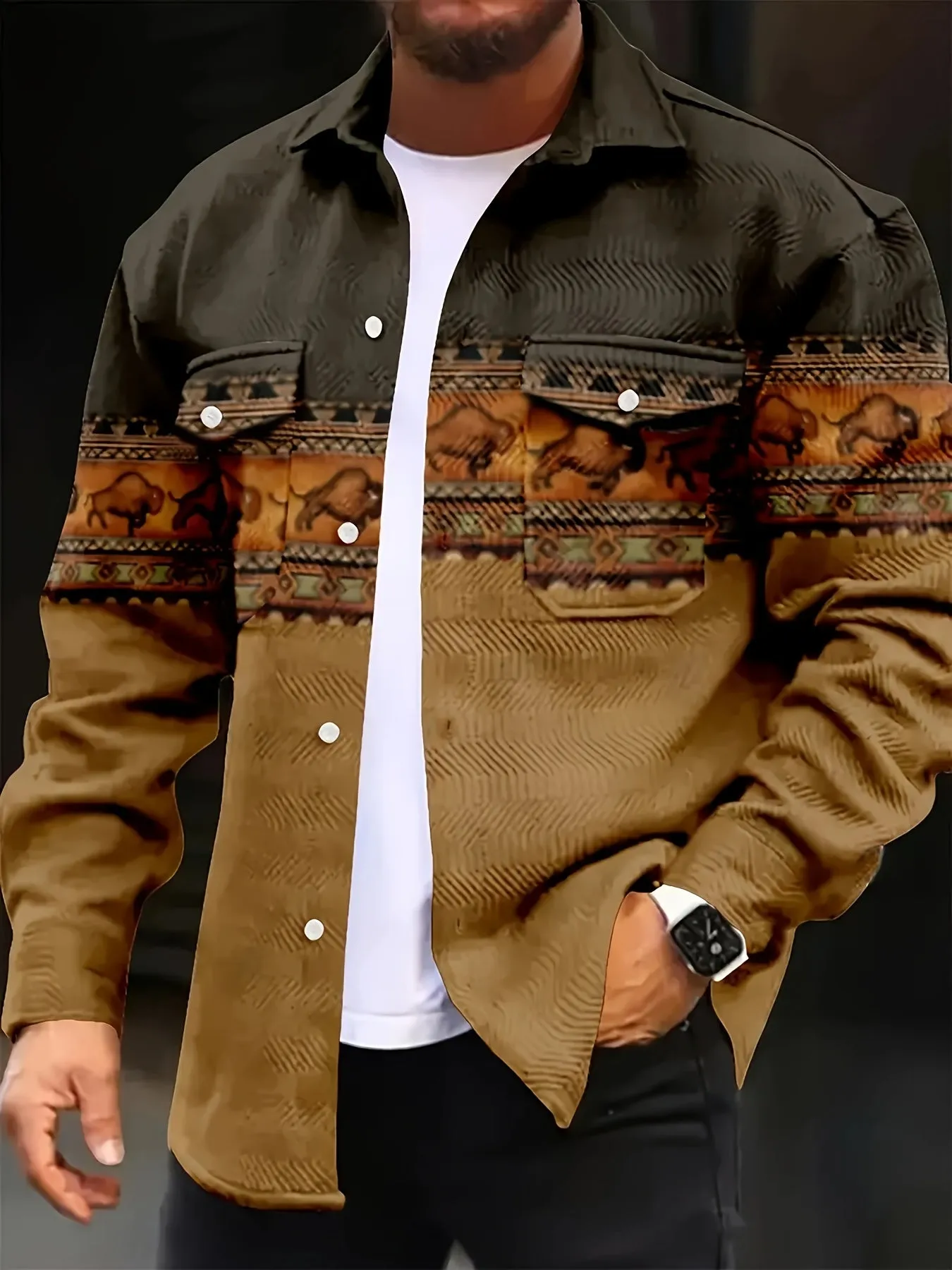 Men's Casual southwest Style Jacket, Button Up Flap Pocket Jacket