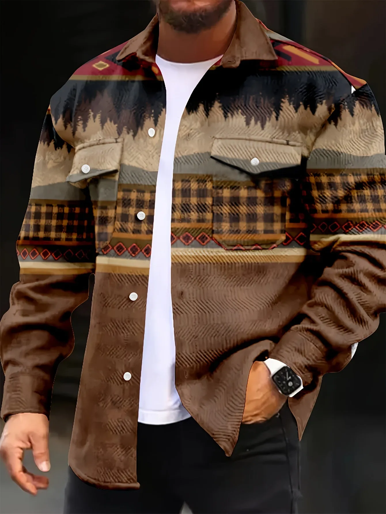 Men's Casual southwest Style Jacket, Button Up Flap Pocket Jacket