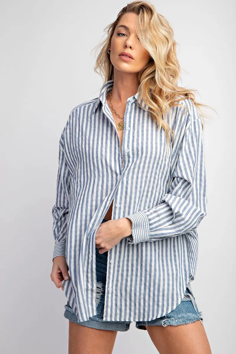 Mixed Stripe Button Down Oversized Top