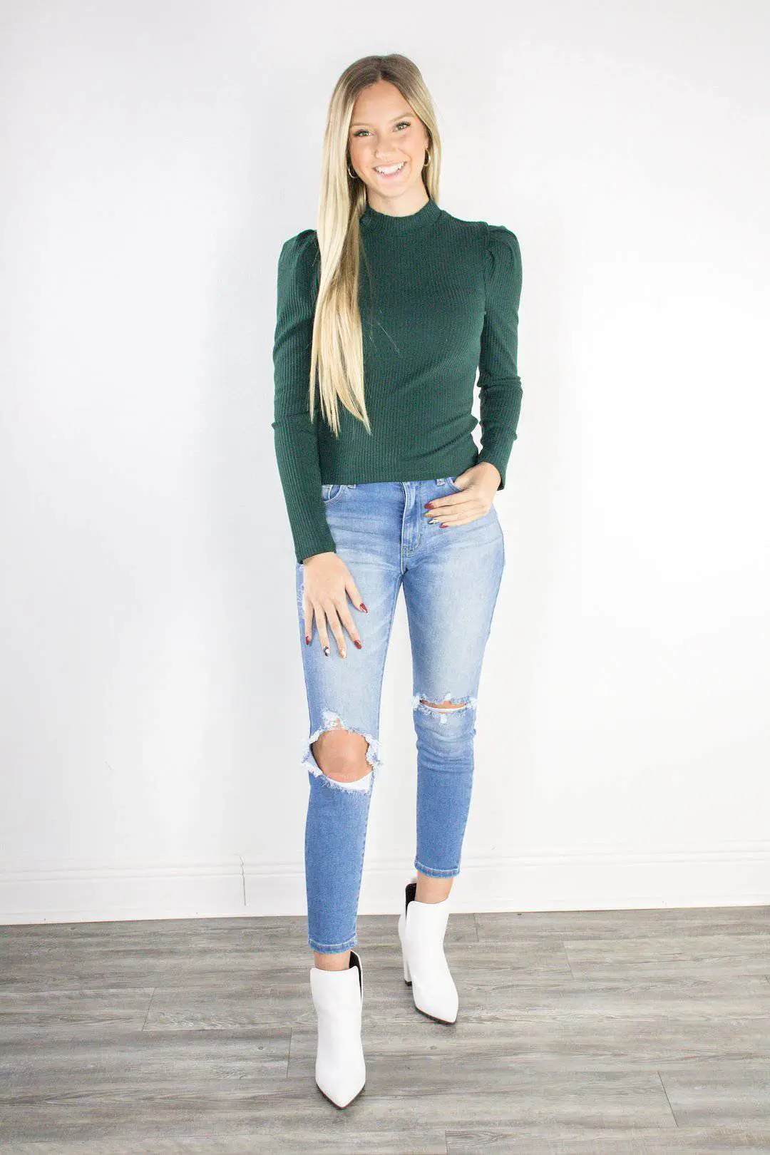 Olive Puff Sleeve Mock Neck Ribbed Top