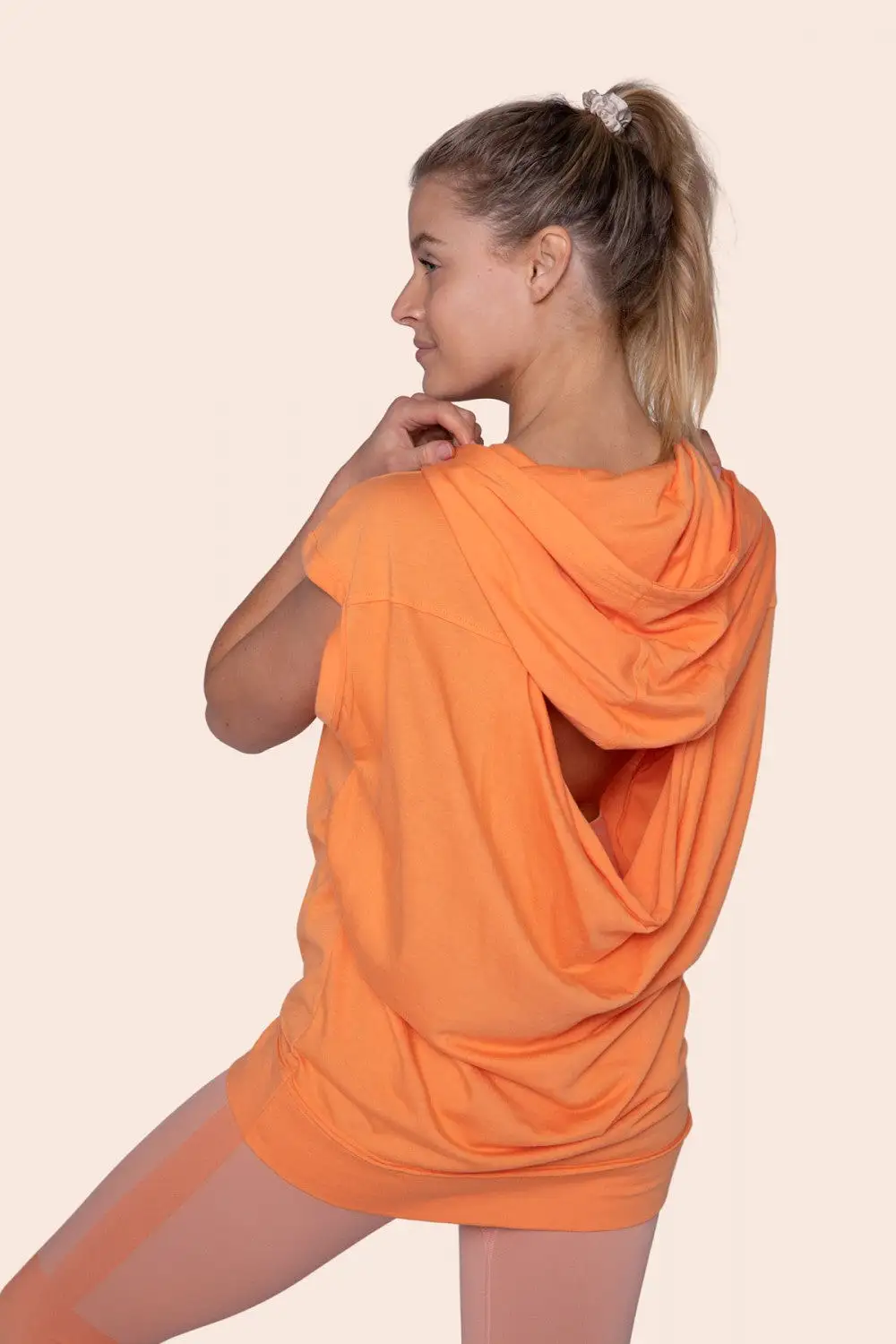 OPEN BACK DRAPE HOODIE TOP - TANGERINE