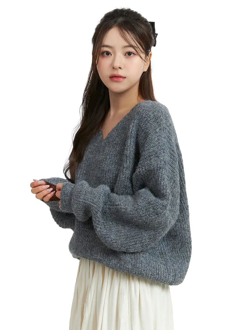 Oversized V-Neck Solid Long Sleeve Sweater OJ411