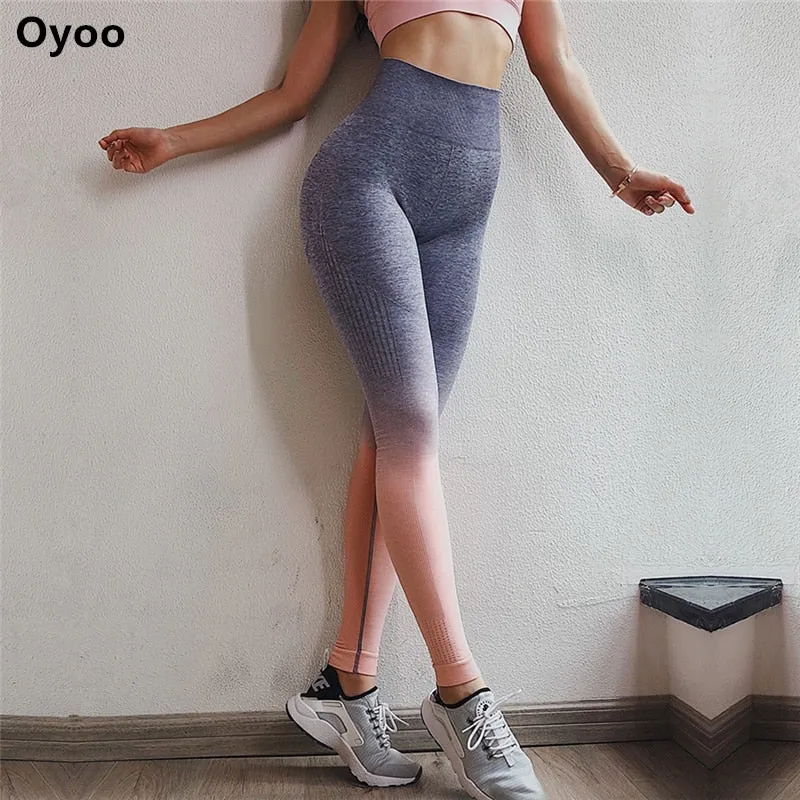 Oyoo Ombre Seamless leggings blue booty push up yoga pants high rise grey pink workout jogging pants for women training tights